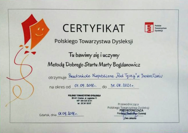 Certyfikat Polskiego Towarzystwa Dysleksji 2018 - skan