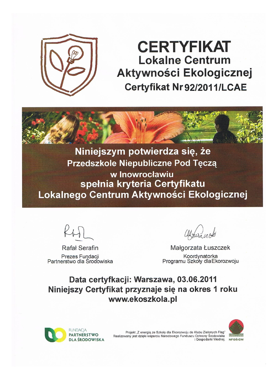 Certyfikat Lokalnego Centrum Aktywności Ekologicznej 2011 - skan