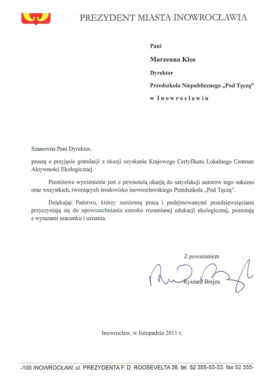 Gratulacje 2011 Prezydent Miasta Inowrocławia - skan