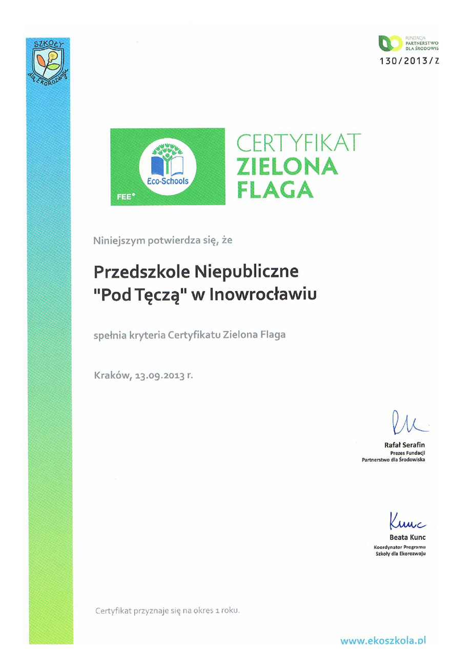 Międzynarodowy Certyfikat Zielonej Flagi 2013 - skan