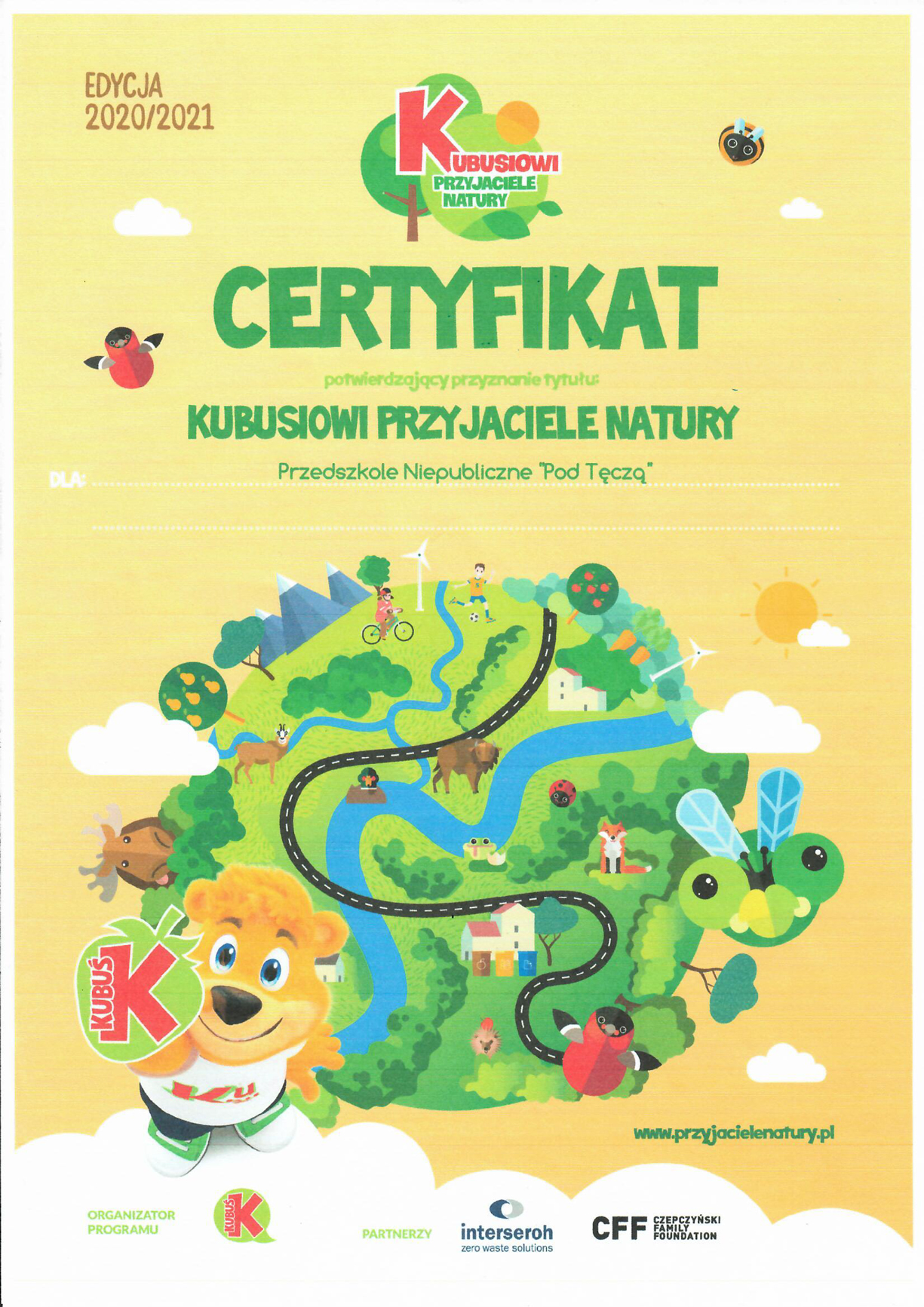 Certyfikat 2021 Kubusiowi Przyjaciele Natury - skan