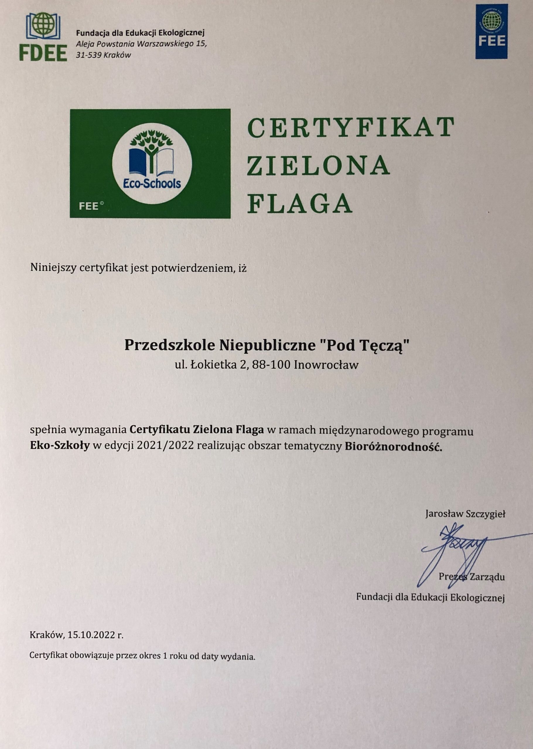 2022 Międzynarodowy Certyfikat Zielonej Flagi - skan